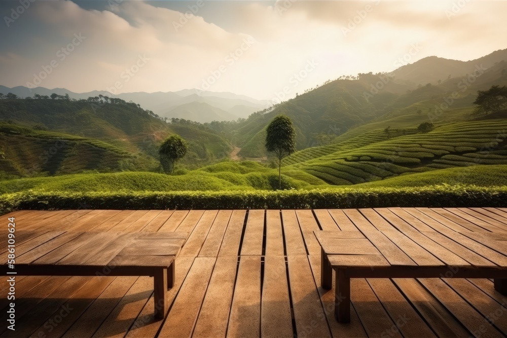 Illustration of two benches on a wooden deck with a scenic view of a tea plantation created with Gen