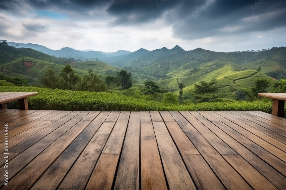 wooden deck overlooking a majestic mountain range created with Generative AI technology