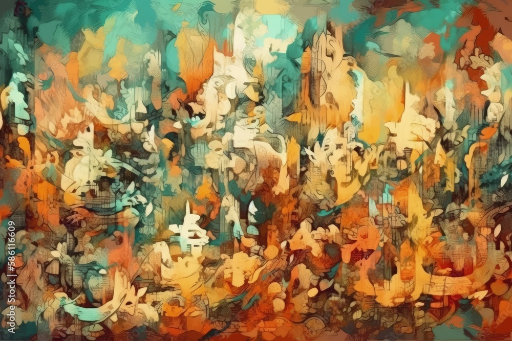 abstract painting with vibrant colors and various shapes and lines created with Generative AI techno