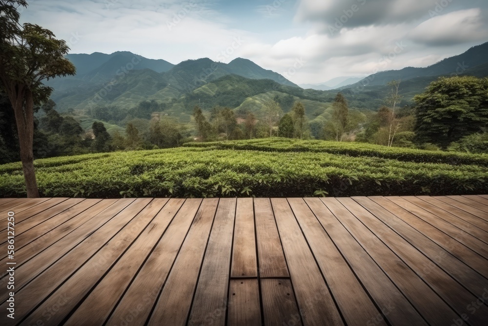 serene wooden deck overlooking a lush tea plantation created with Generative AI technology