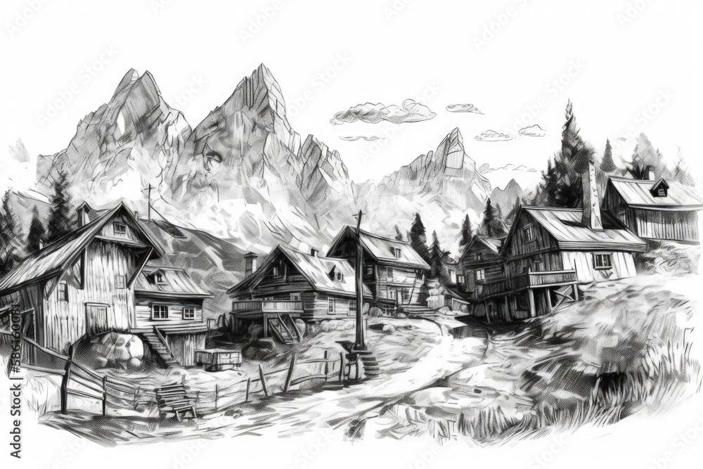 scenic village nestled in the mountains created with Generative AI technology