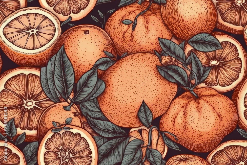 Illustration of oranges and leaves on a black background created with Generative AI technology