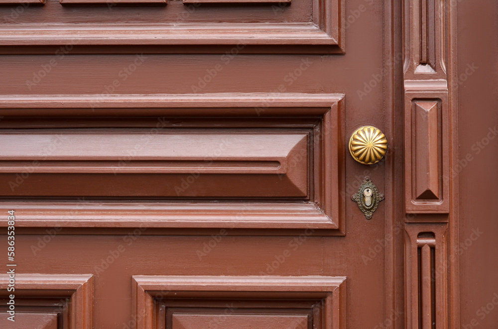 View of ornate wooden door in city, closeup