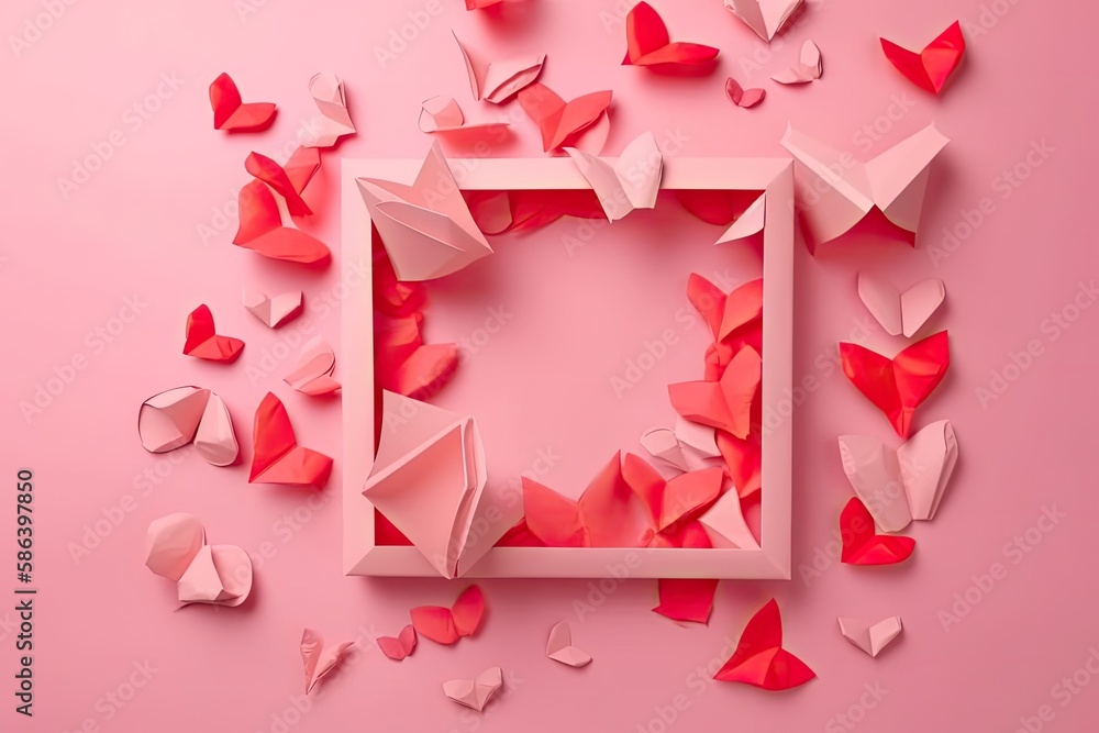 heart-shaped frame surrounded by colorful paper hearts. Generative AI