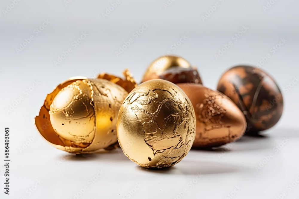 stack of golden and brown eggs against a white background. Generative AI