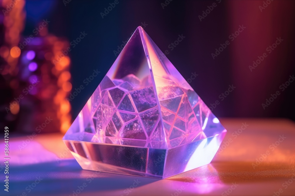 clear crystal pyramid resting on a wooden table. Generative AI