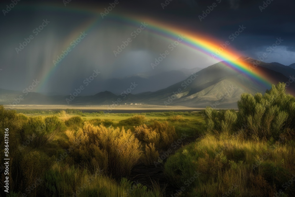vibrant rainbow arching over majestic mountains. Generative AI