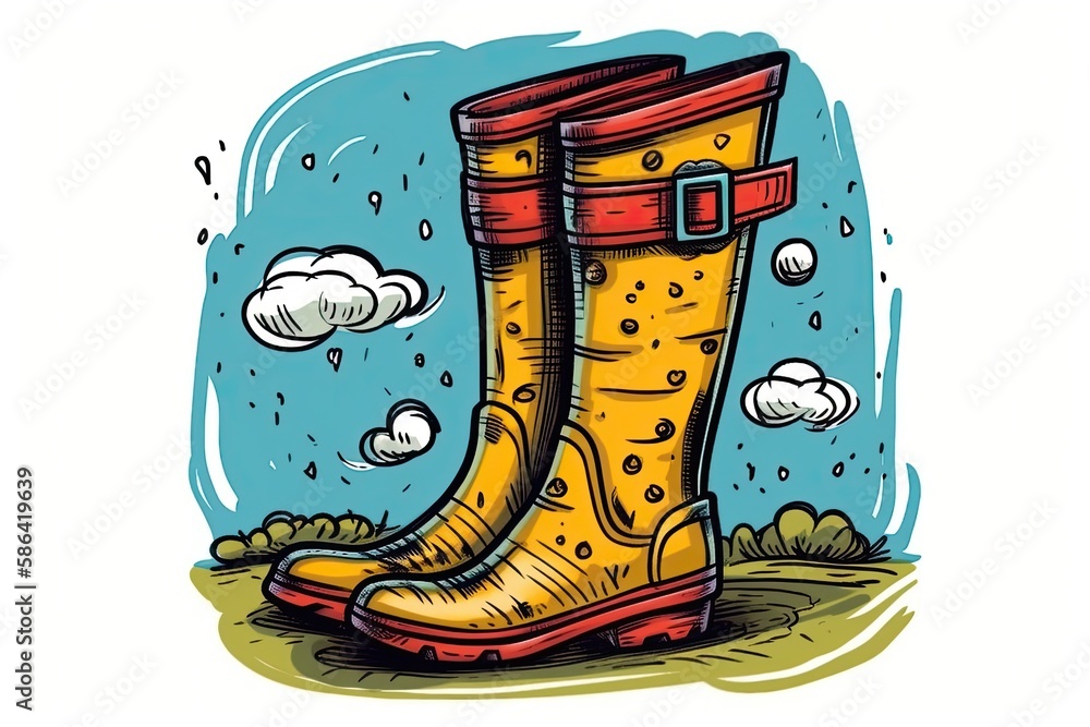 yellow rain boots in a field on a rainy day. Generative AI