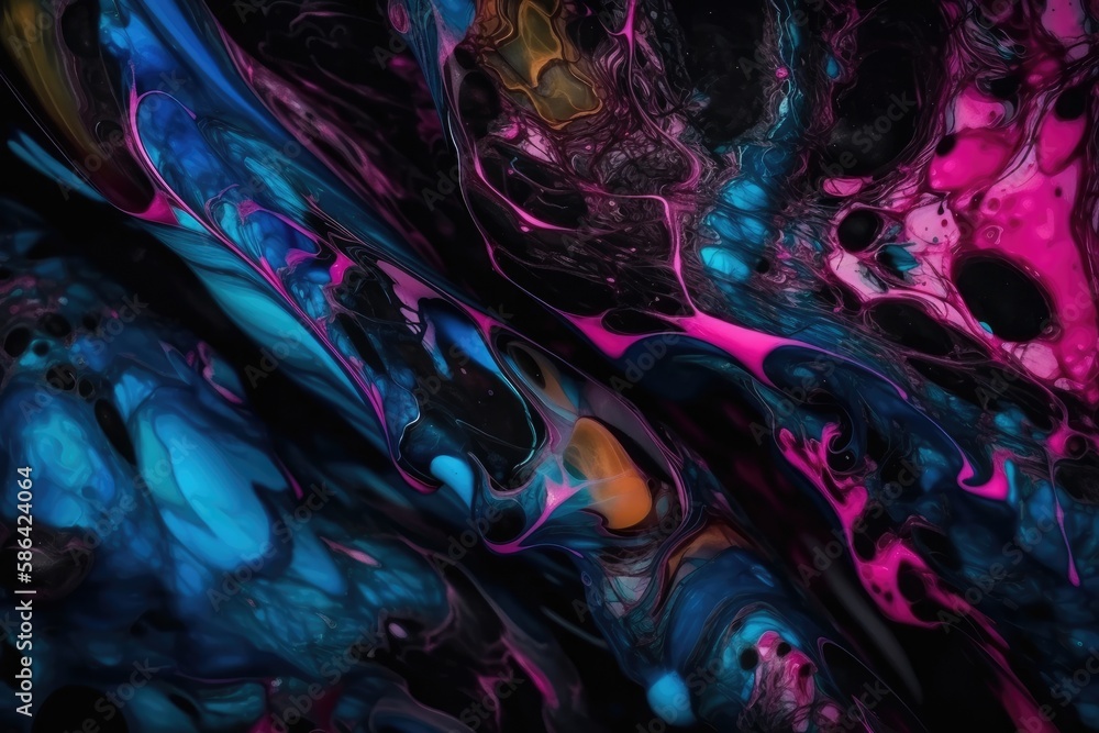 an abstract painting with blue, pink, and black colors. Generative AI