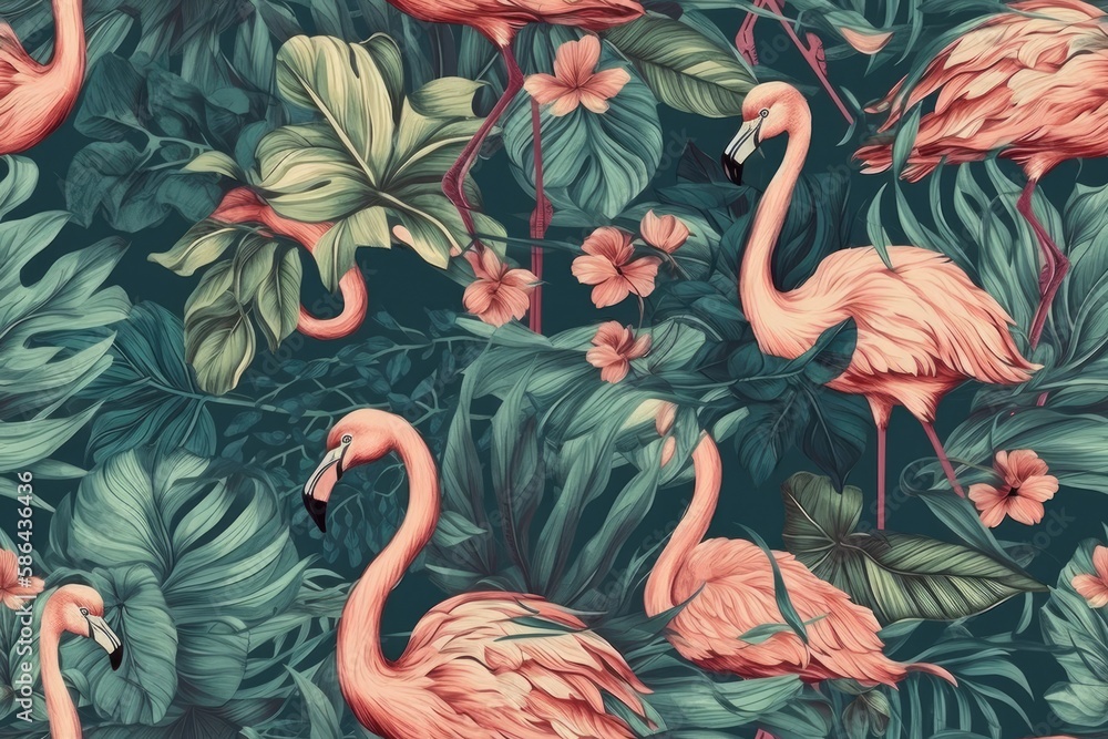 flock of pink flamingos in a lush jungle setting. Generative AI
