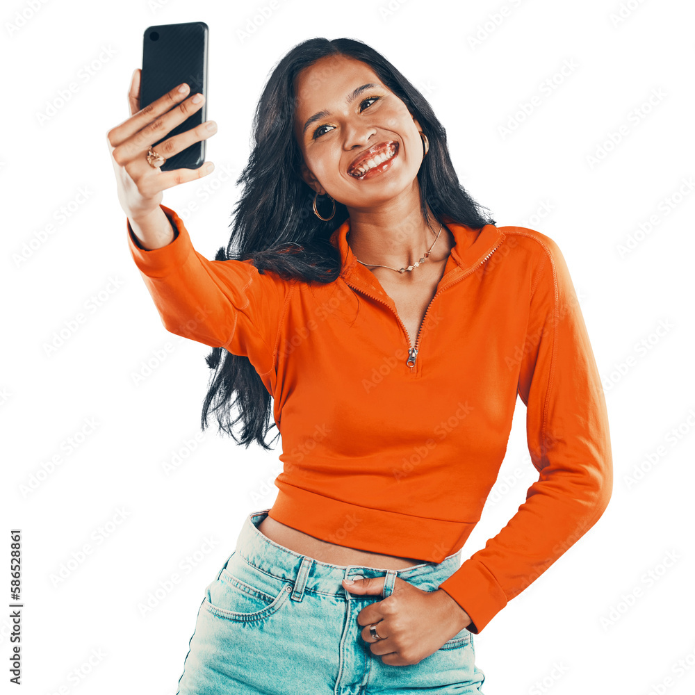 Smile, selfie and stylish woman taking a photo to post online as a fashion influencer while isolated
