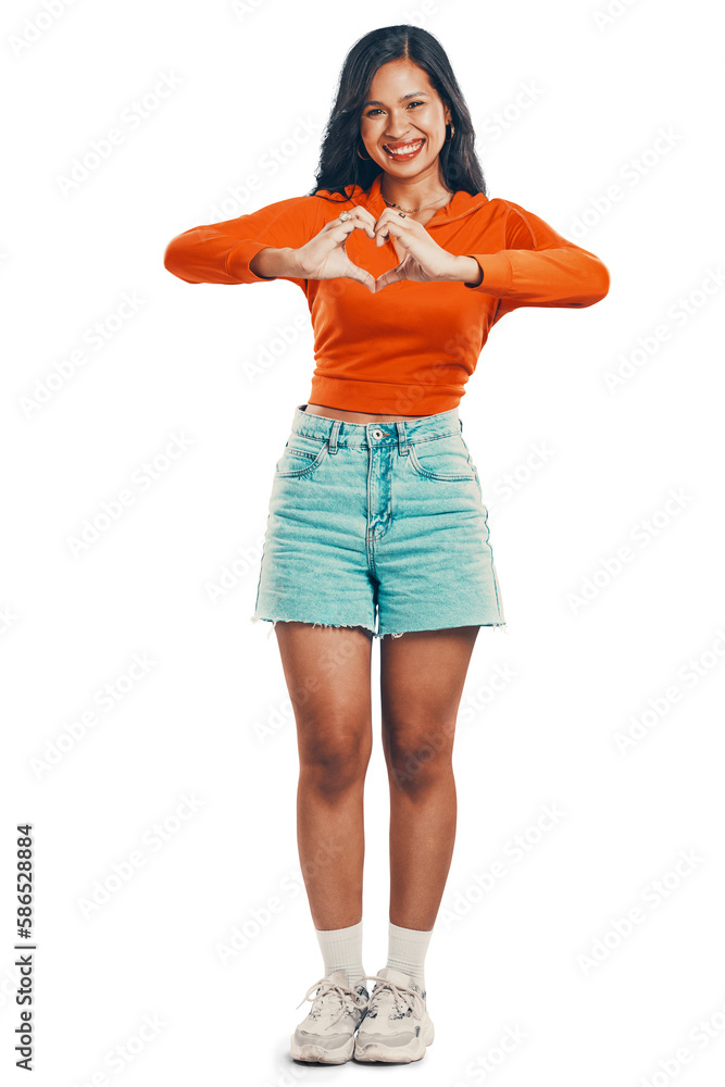 Style, heart and portrait of happy woman with a caring gesture while isolated on a transparent, png 