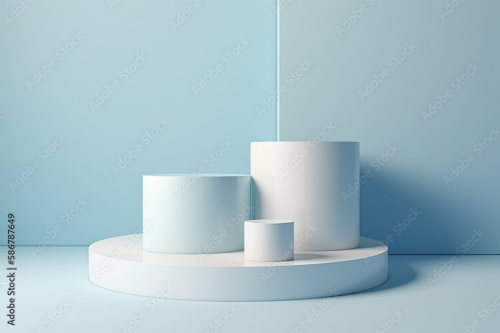On a pastel blue background, a white podium shelf or empty pedestal display is presented in a simple
