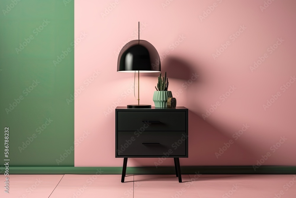 an all black nightstand with a pink and green background. Generative AI