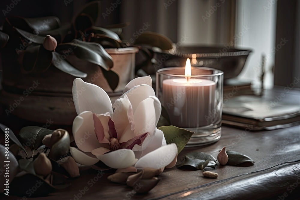 Gray room decor closeup with burning candle and fresh magnolia flowers. Generative AI