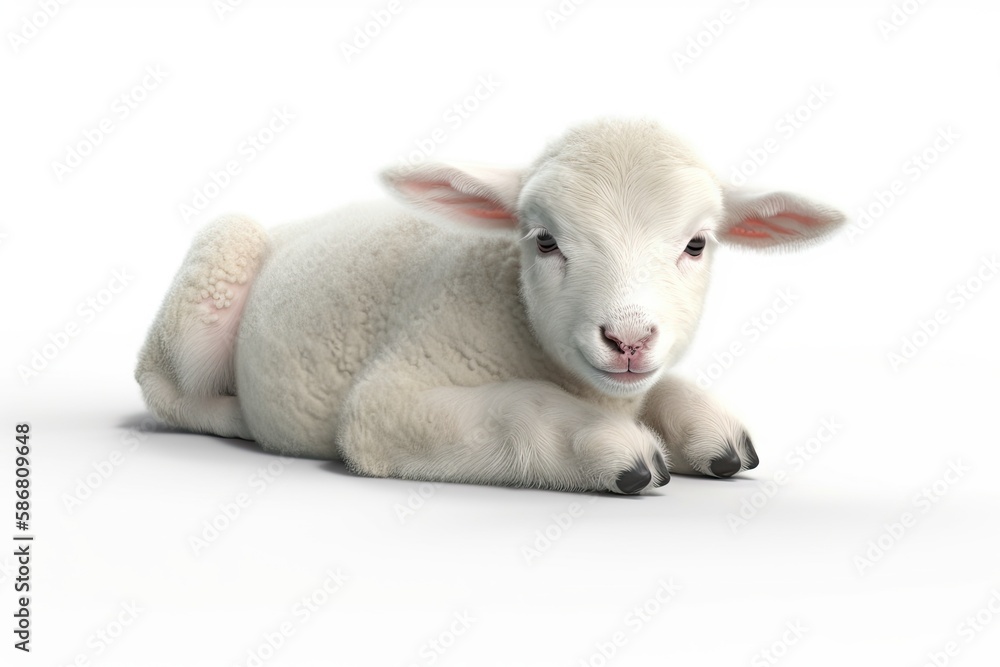 cute baby lamb resting on a plain white surface. Generative AI