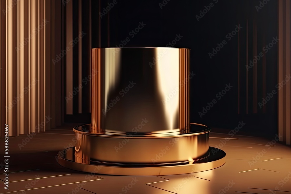 golden vase standing on a metal pedestal. Generative AI