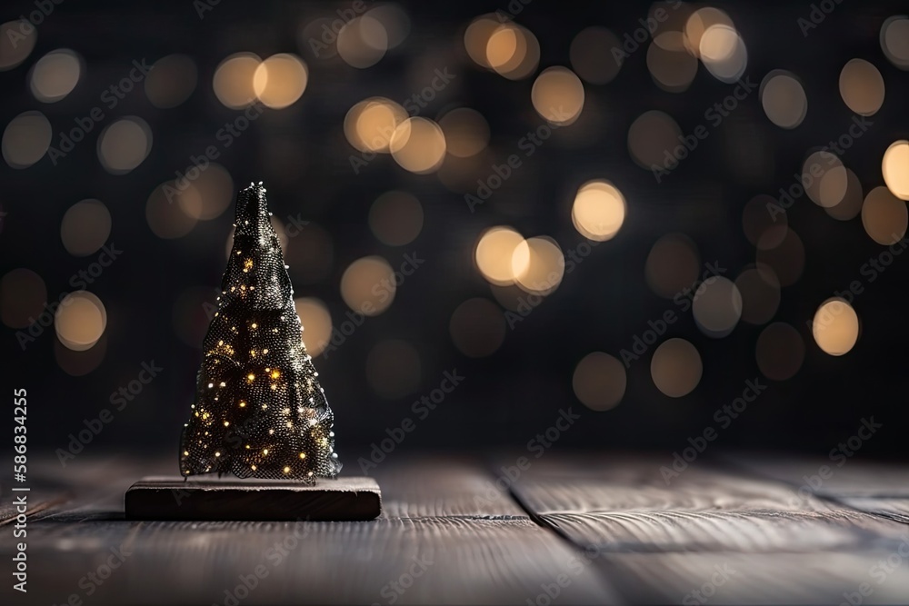 festive Christmas tree displayed on a wooden table. Generative AI