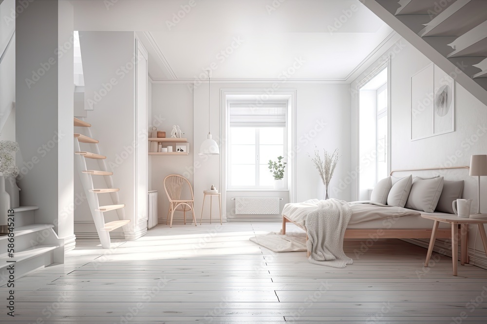 Minimalist Bedroom with Stairs and Bed in White Color Scheme. Generative AI