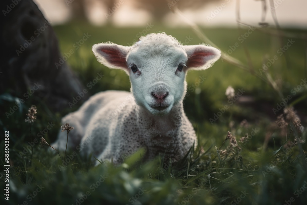 a lamb against a scene of untamed nature. Generative AI
