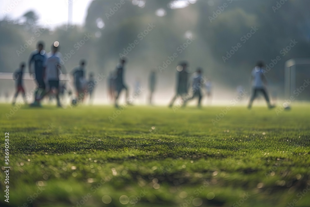 Blurred Soccer Field at School. Young Soccer Players Training on Pitch. Soccer Stadium Grass Backgro