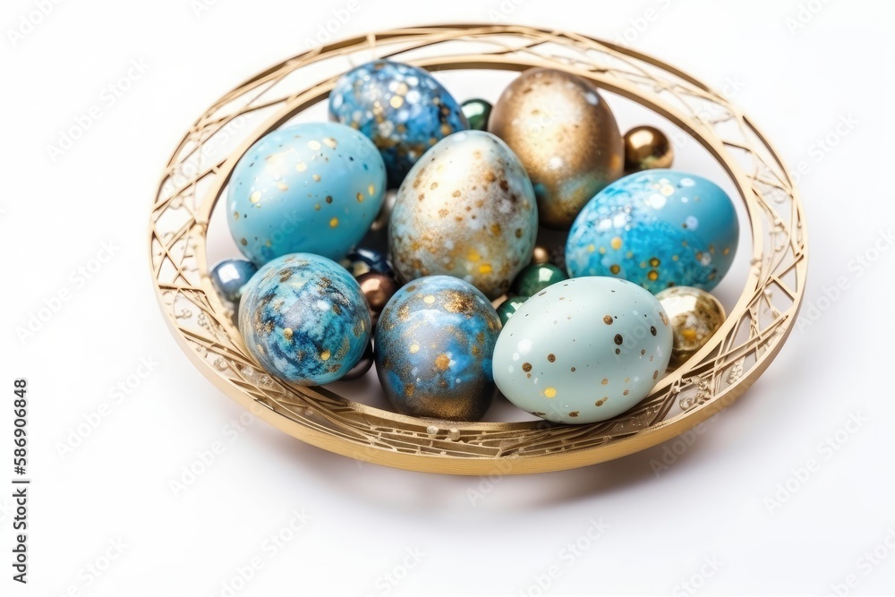 basket filled with blue and gold eggs, perfect for Easter or springtime festivities. Generative AI