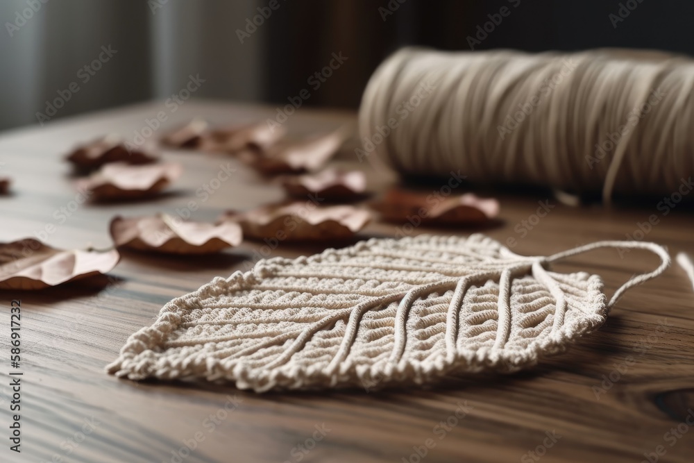 Natural macrame leaf and thread windings on a hardwood table. Decorate with cotton rope macrame. hob