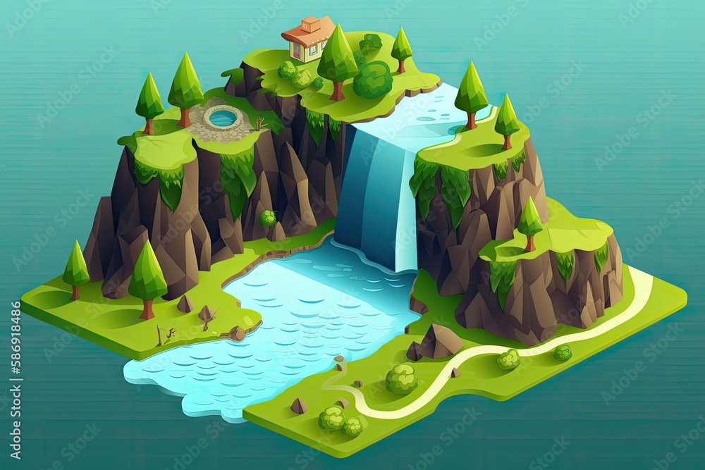 Illustration of a stunning countryside with a solitary waterfall scene. Creative waterfall design in
