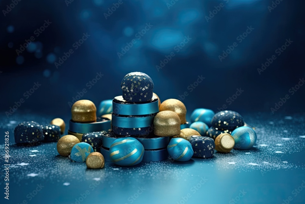 holiday candies on a blue background. the copy space. Generative AI