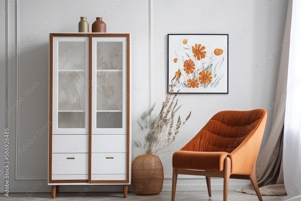 A chic home interior with a brown mock up frame, books, an orange chair, a plant, and flowers in a v