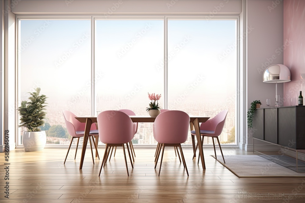Interior of a dining room with a table and four pink chairs on a parquet floor and a plant in a pot 