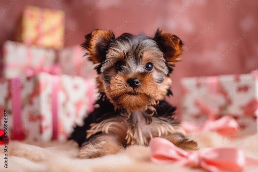 Little cute and funny Yorkshire Terrier puppy on a white wooden table with a pink background, decora