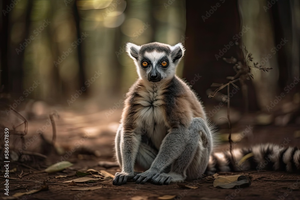 Sitting on the ground is a ring tailed lemur. Generative AI