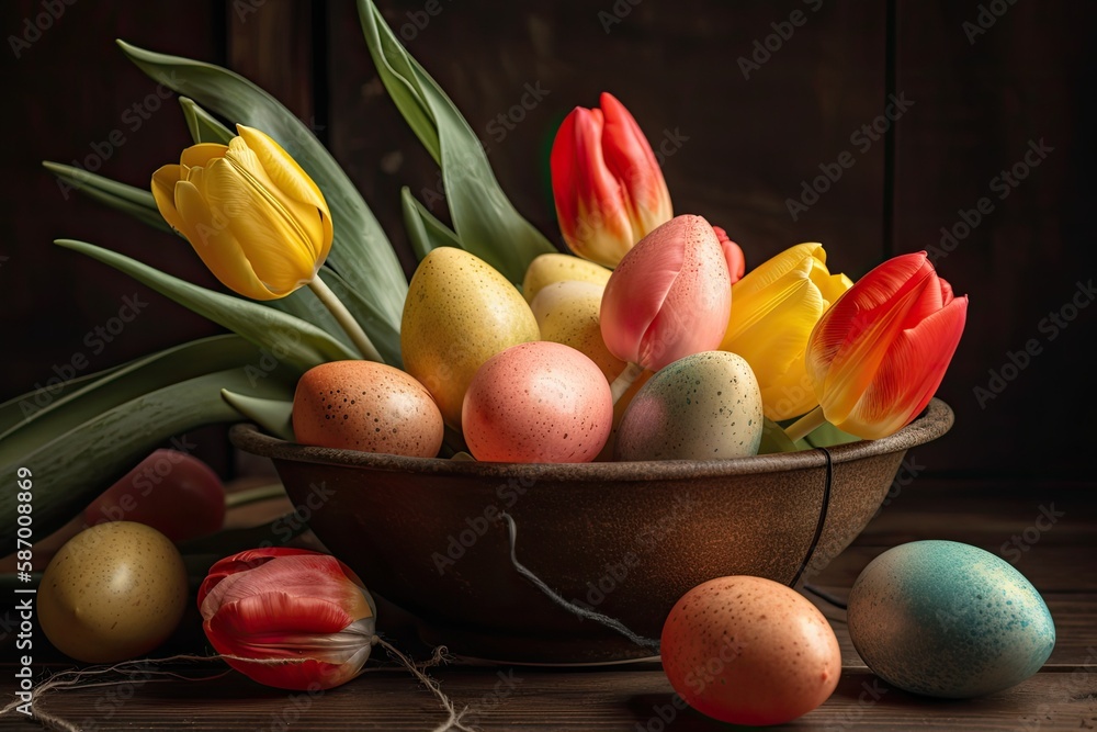 Spring-themed table setting with a bowl of eggs and fresh tulips as centerpiece. Generative AI