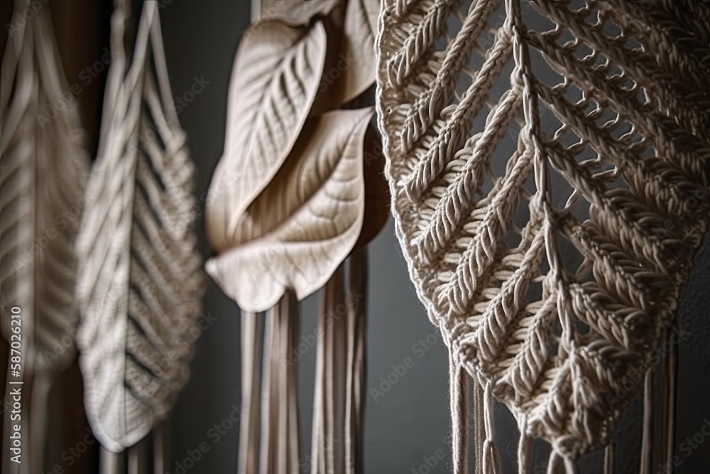 Natural macrame leaf wall hanging on wooden pole. Decorate with cotton rope macrame. Generative AI