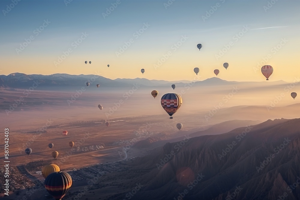  a group of hot air balloons flying in the sky over a mountain range at sunrise or sunset with a few