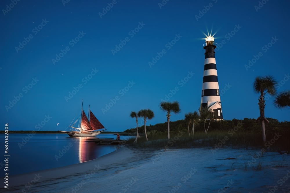  a sailboat is on the water near a light house at night with a sailboat in the foreground and palm t
