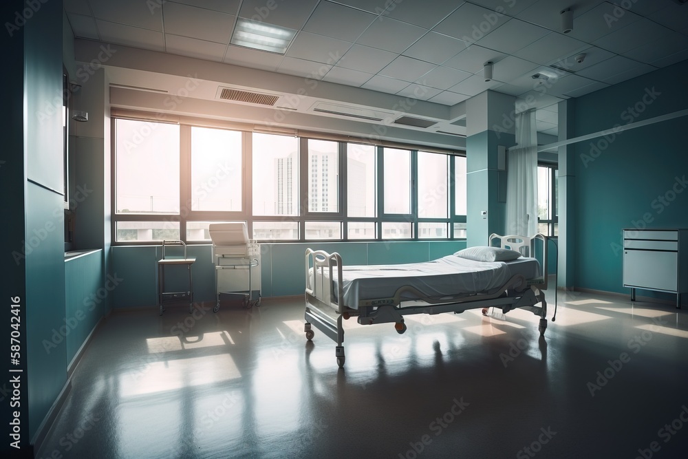  a hospital room with a bed and a chair in the middle of the room and a large window in the back of 