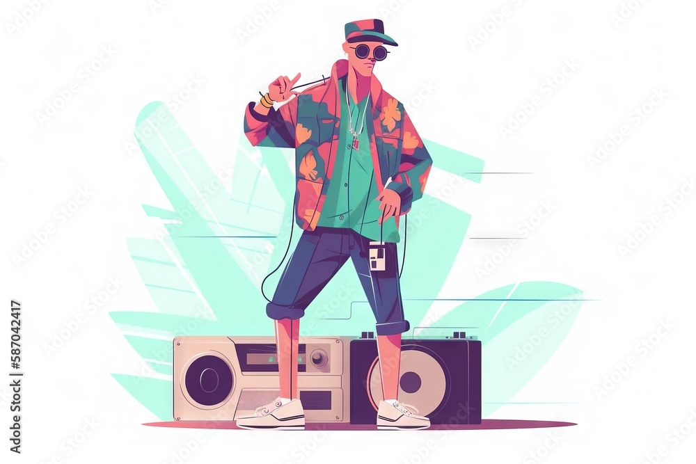 a man standing on top of a boombox with a cigarette in his mouth and a hat on his head and a cigare