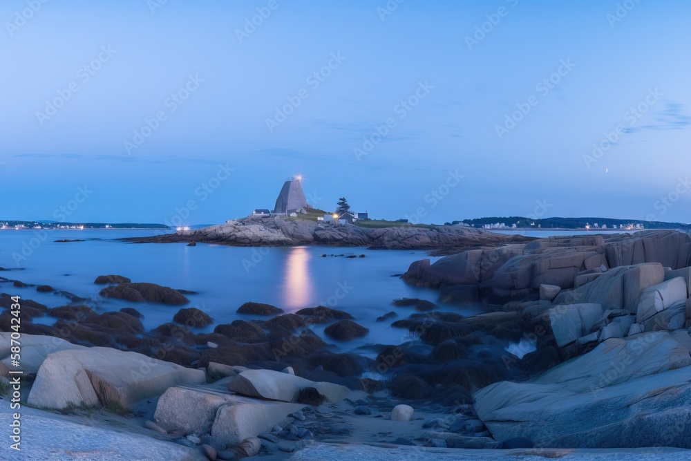  a lighthouse on a rocky shore at night with a full moon in the sky above it and a body of water in 