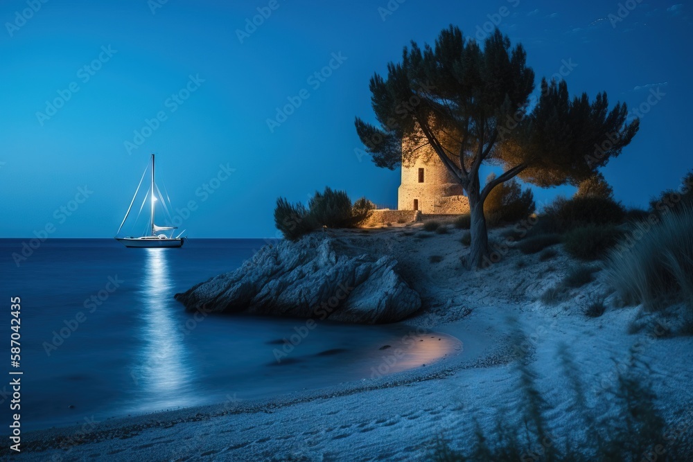  a sailboat is sailing past a lighthouse on a beach at night with a full moon in the sky above the w