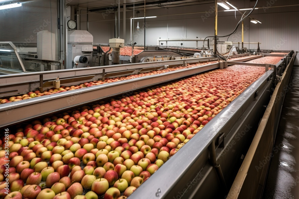  a conveyor belt filled with lots of red and yellow apples in a factory area with a conveyor belt fu