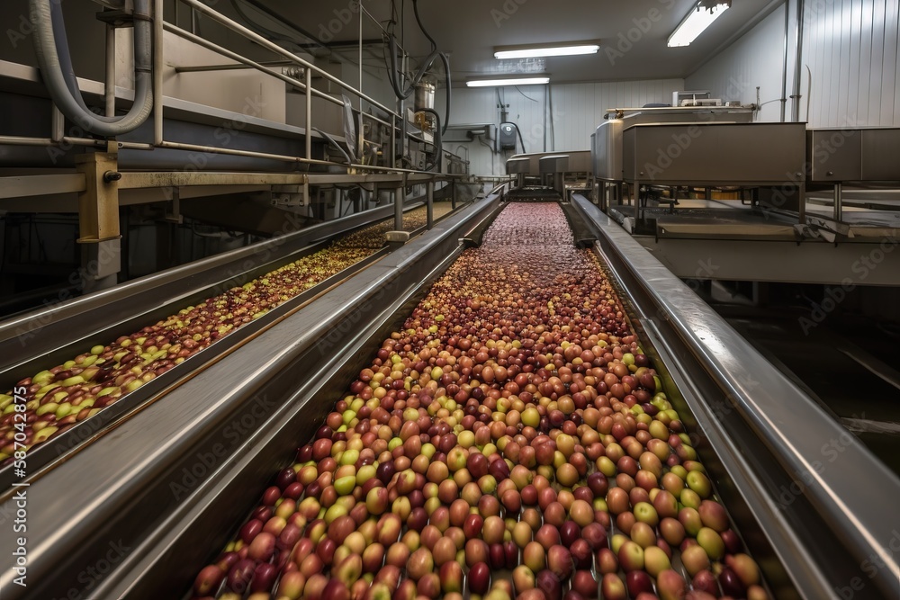  a conveyor belt filled with lots of apples in a factory with a conveyor belt full of apples on the 
