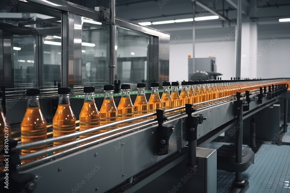 a line of bottles filled with orange liquid on a conveyor belt in a factory or assembly line with a