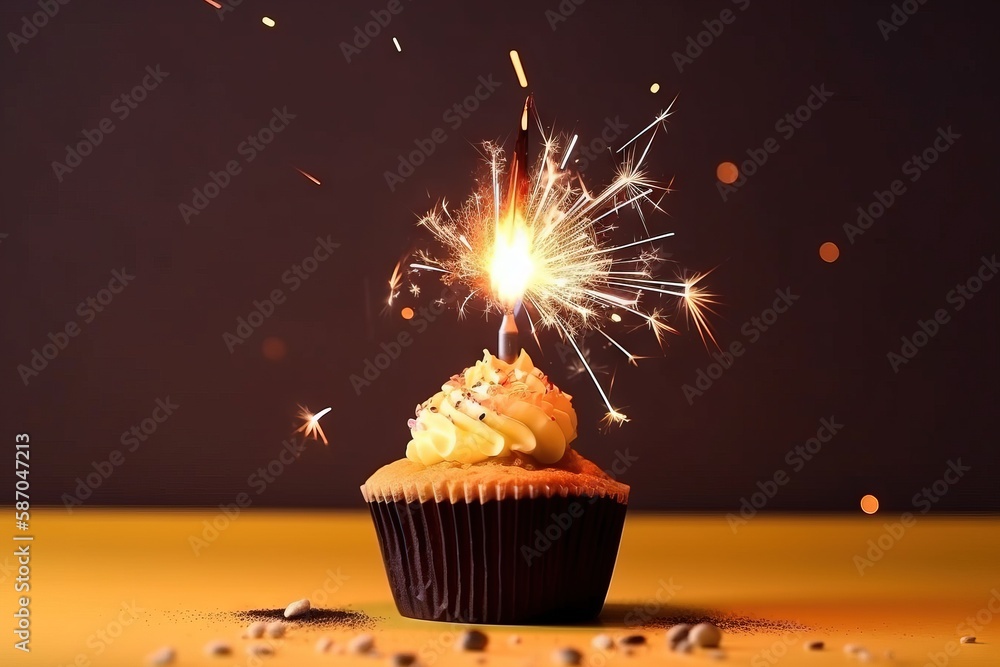  a cupcake with a sparkler sticking out of its side on a table with confetti sprinkles around it.  