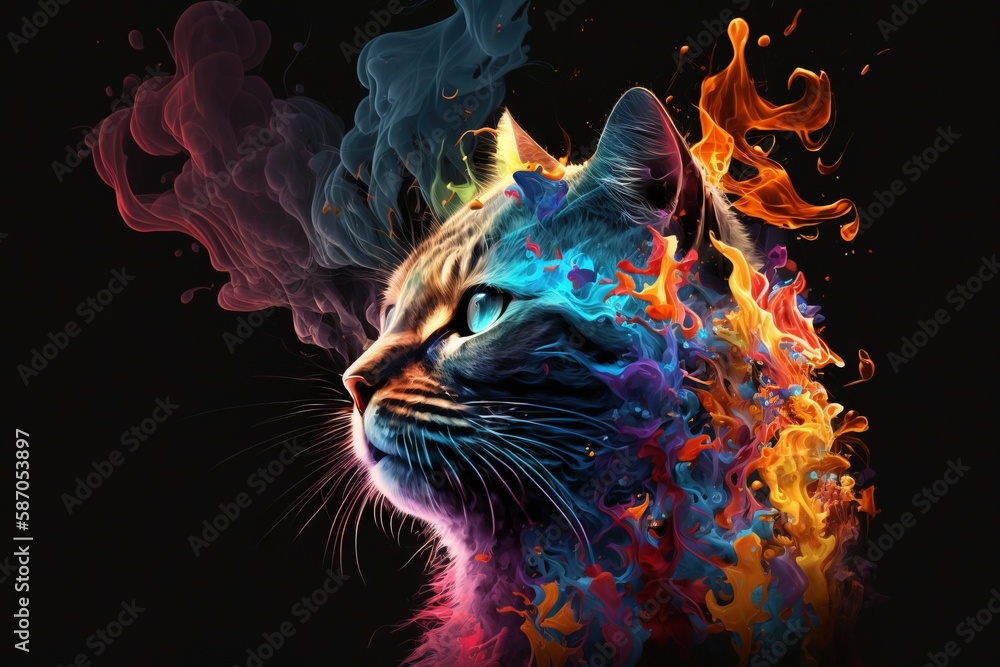  a colorful cat with a black background and smoke coming out of its mouth and eyes, with a black bac