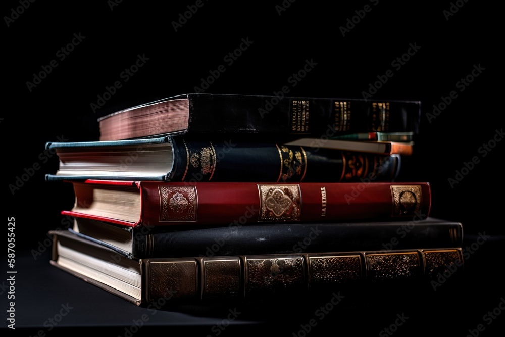  a stack of books sitting on top of each other on top of a black tablecloth covered table top next t