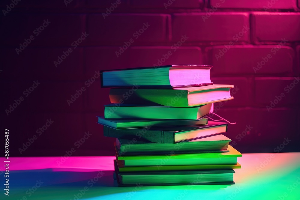  a stack of books sitting on top of a table next to a brick wall with a neon light on top of it and 