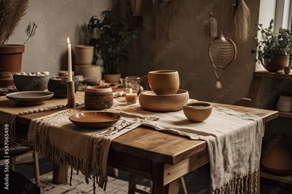Blurred backdrop, wooden rural dinner table with setup. Potted plants, jute carpet. Scandinavian boh