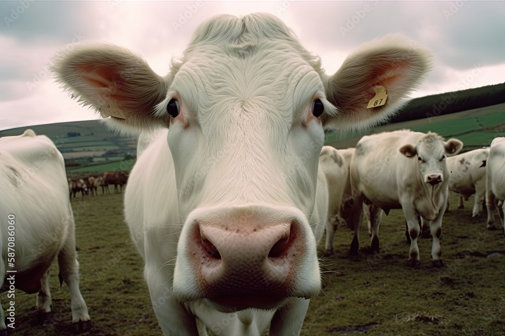 Close up of a white cow on a pasture. Agricultural animal looking through wide angle camera. cute an